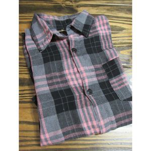 SHEIN LUNE Plaid Flannel Button Up Pink/Black Lg.
